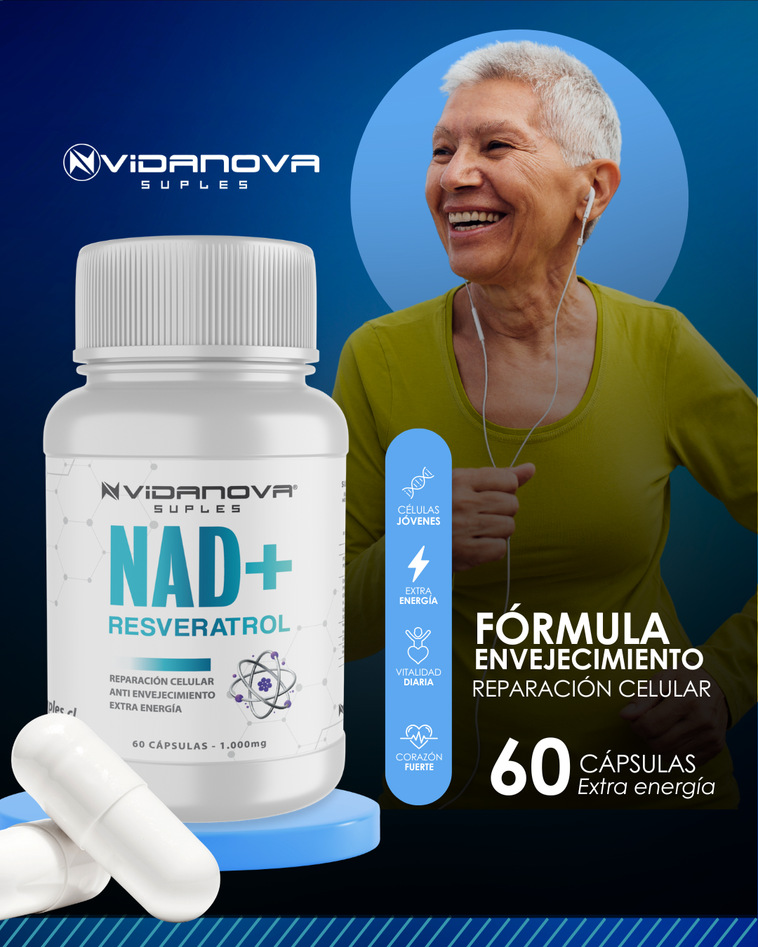 NAD+ RESVERATROL 1000MG 60 CAPS "Empieza a apoyar tu energía desde los primeros días de uso"